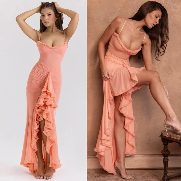 House of Cb Gabbi Peach Ruffle Front Gown Mesh High-Low Cocktail Dress NWOT M - Picture 3 of 11
